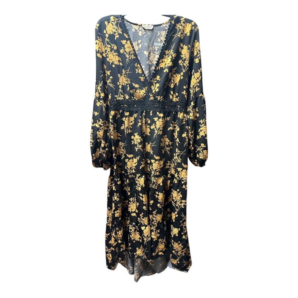 Elegant Long Sleeve Floral Dress in Black and Gold